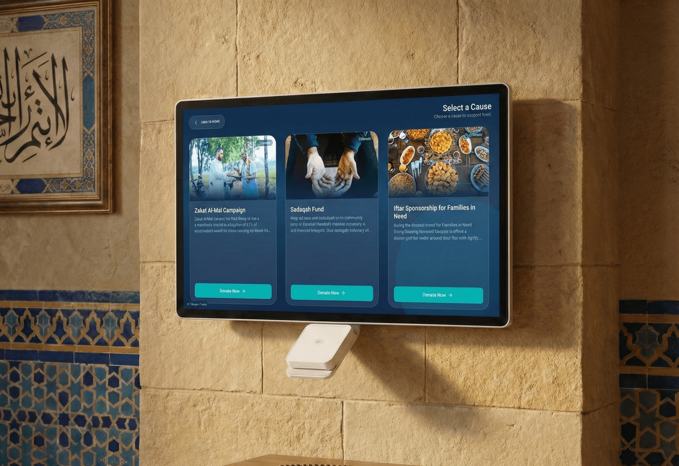 Wall-mounted Givebear donation kiosk inside a mosque lobby for zakat and sadaqah giving